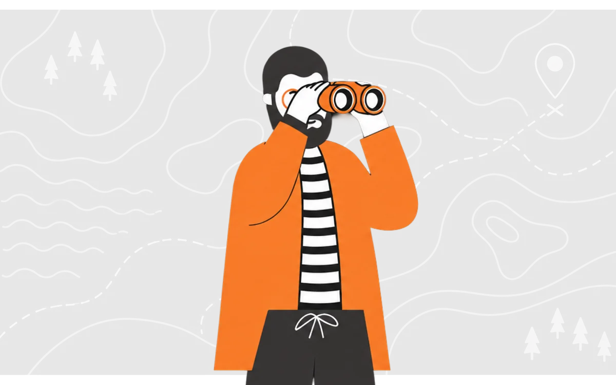 Someone scanning a contour map through binoculars, a dotted route running to a marked point